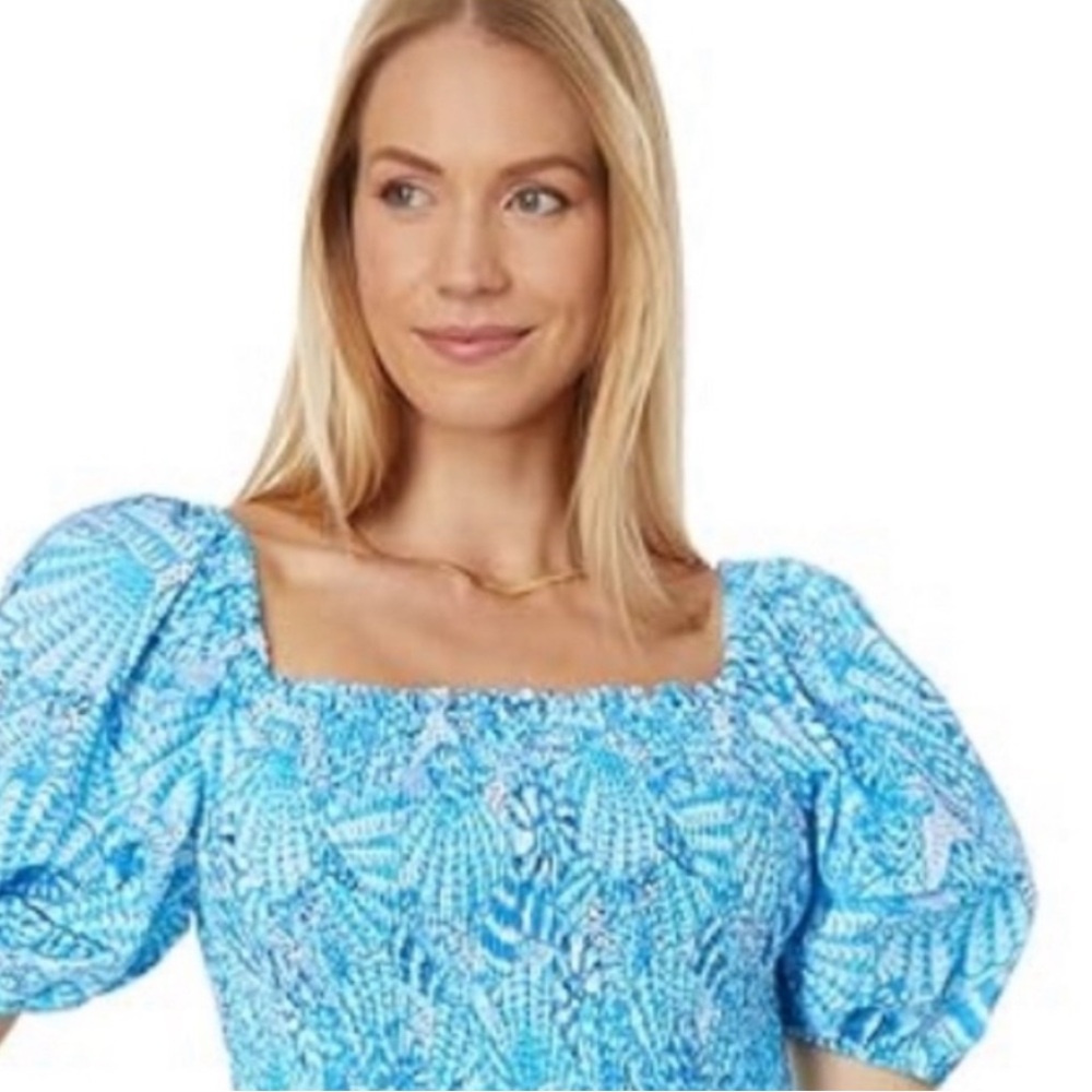 Lilly Pulitzer Blue Smocked Puff Sleeve Blouse with Square Neckline